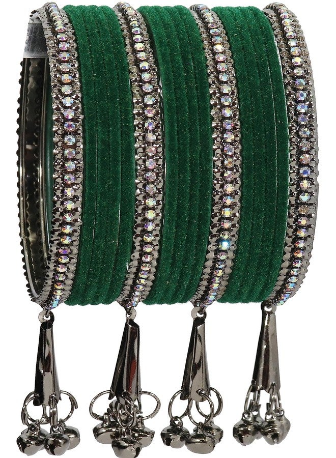NMII Metal with Zircon Gemstone and Velvet Adorned Bells Latkan Bangles Set For Girls and Women,F175_Grey-Green-2.4 - Image 1