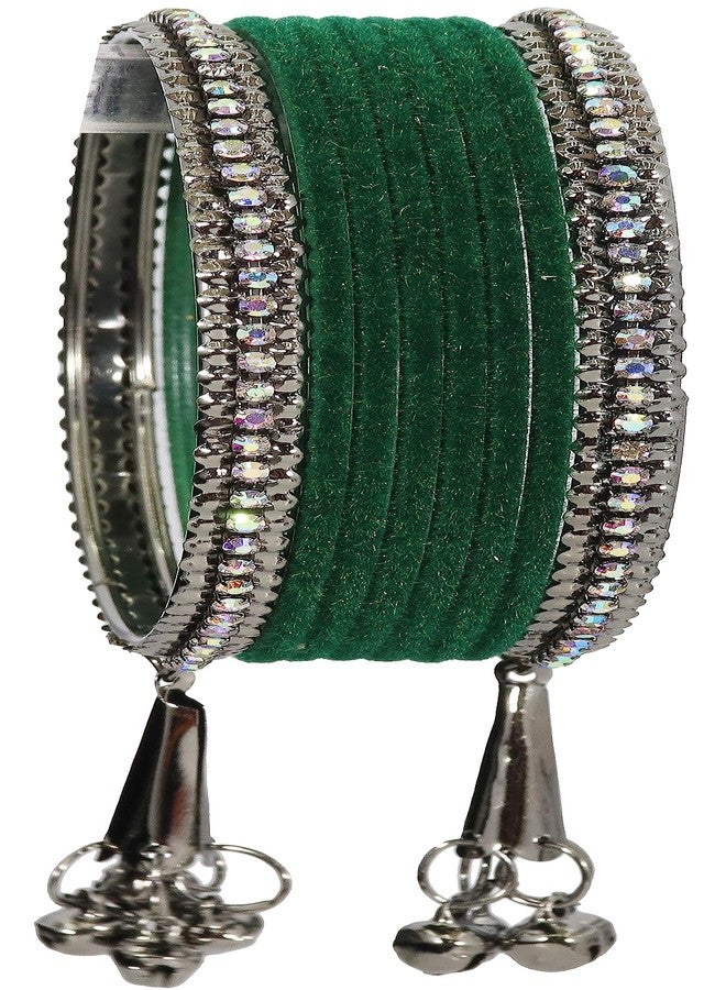 NMII Metal with Zircon Gemstone and Velvet Adorned Bells Latkan Bangles Set For Girls and Women,F175_Grey-Green-2.4 - Image 2