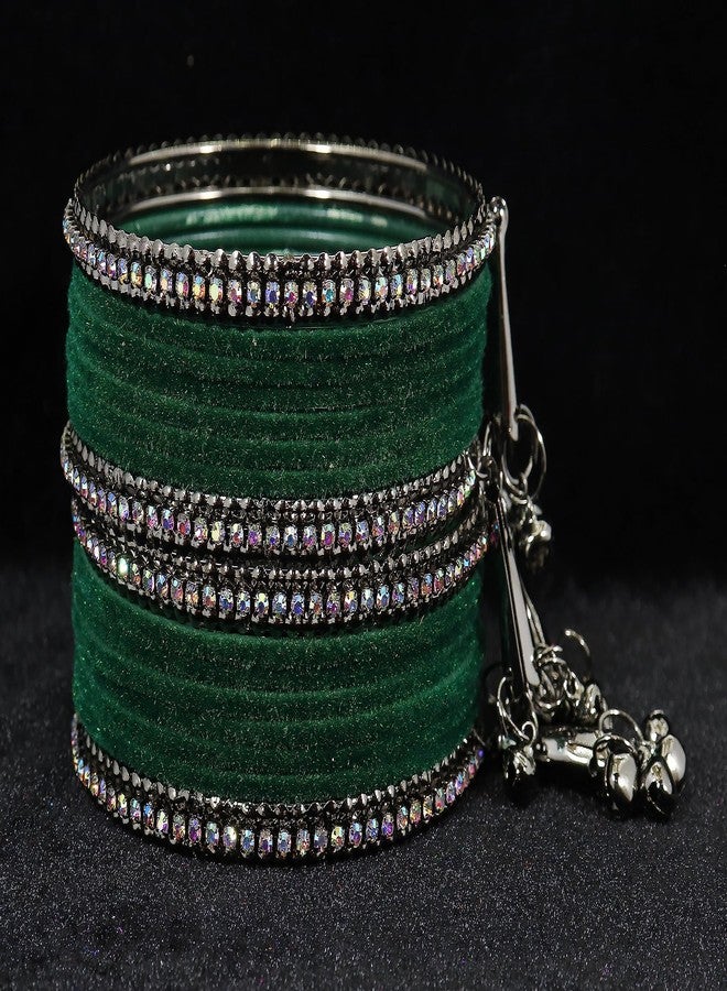 NMII Metal with Zircon Gemstone and Velvet Adorned Bells Latkan Bangles Set For Girls and Women,F175_Grey-Green-2.4 - Image 4