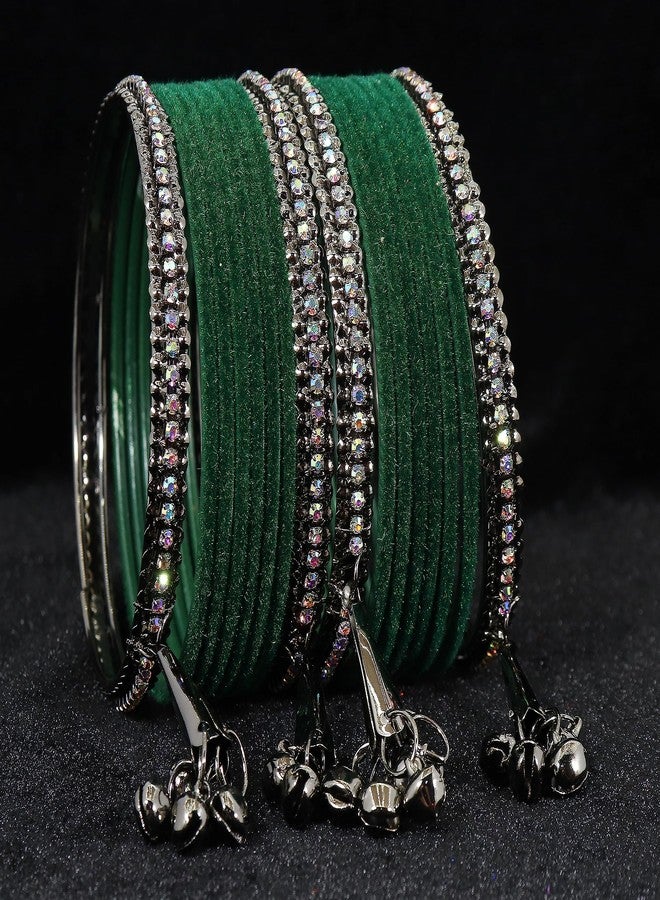 NMII Metal with Zircon Gemstone and Velvet Adorned Bells Latkan Bangles Set For Girls and Women,F175_Grey-Green-2.4 - Image 5