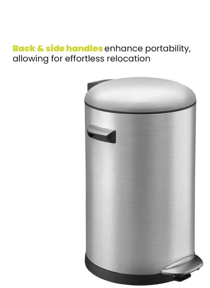 EKO Stainless Steel Pedal Bin | Heavy Duty Brushed Fingerprint Proof Waste Bin | Soft Close Bathroom Office Dustbin | 8L | Silver - Image 3