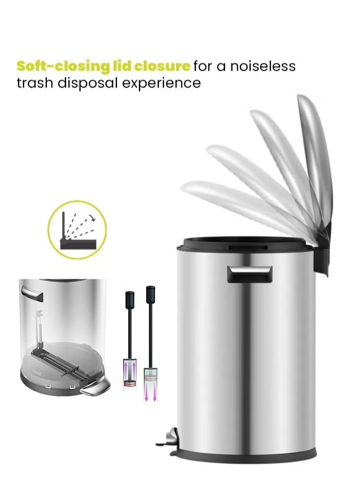 EKO Stainless Steel Pedal Bin | Heavy Duty Brushed Fingerprint Proof Waste Bin | Soft Close Bathroom Office Dustbin | 8L | Silver - Image 4