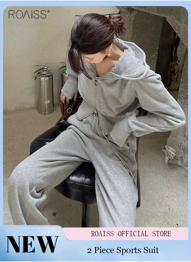 roaiss 2-Piece Sports Suit For Women Versatile Hooded Long-Sleeved Top And Casual Loose-Fitting Sweatpants For Daily Commuting  - Image 1