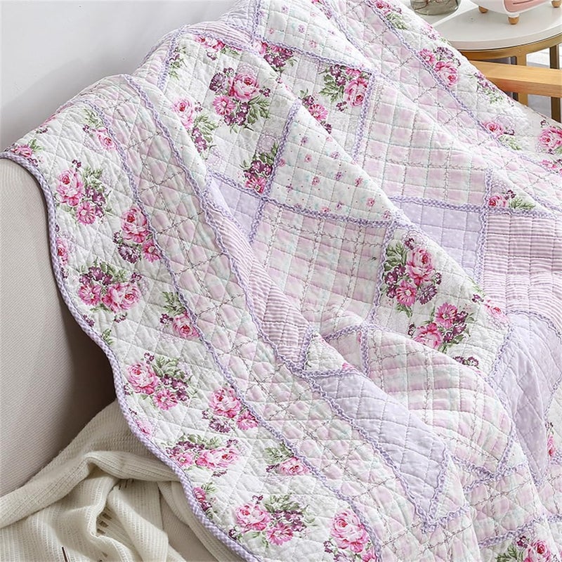 Purple Floral Patchwork Quilt Throw Blanket, 60" x 80" Twin Size, 100% Cotton Reversible Bedspread, Quilted Throw for Bed, Couch, Sofa, Chair - Image 2