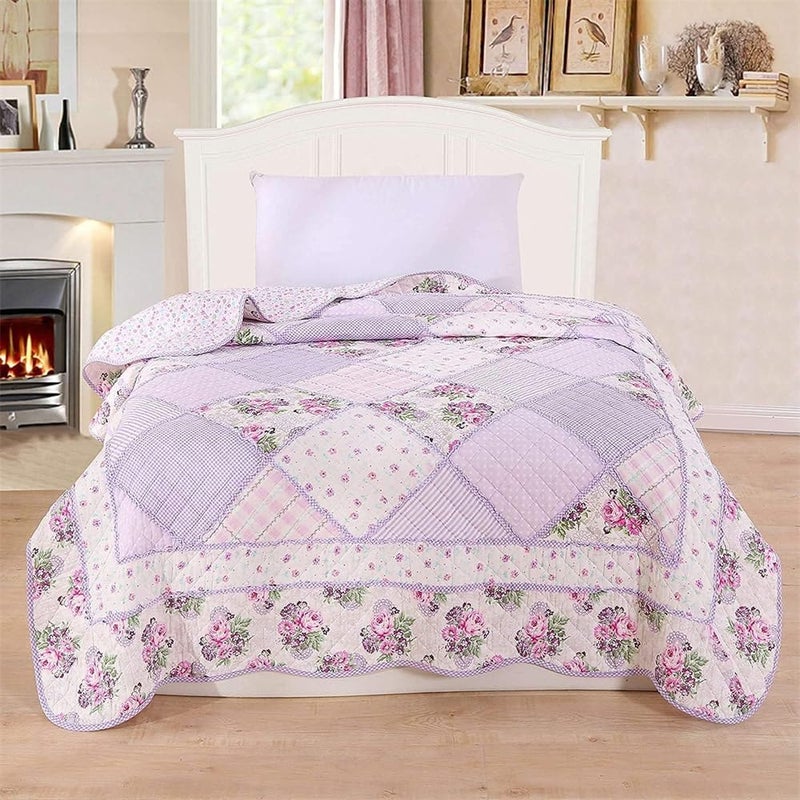 Purple Floral Patchwork Quilt Throw Blanket, 60" x 80" Twin Size, 100% Cotton Reversible Bedspread, Quilted Throw for Bed, Couch, Sofa, Chair - Image 5