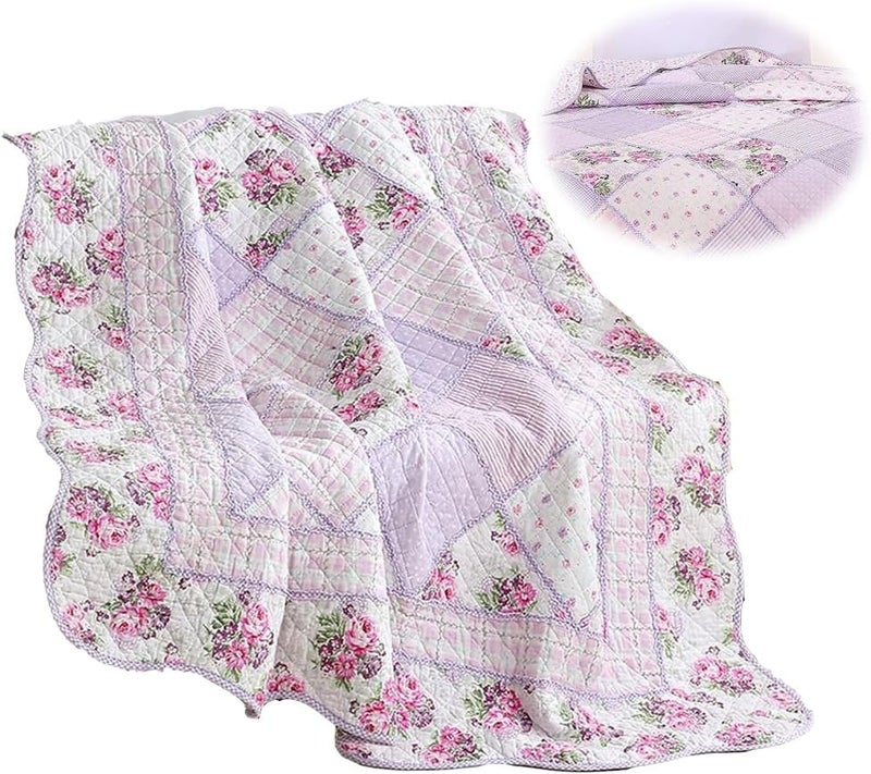 Purple Floral Patchwork Quilt Throw Blanket, 60" x 80" Twin Size, 100% Cotton Reversible Bedspread, Quilted Throw for Bed, Couch, Sofa, Chair - Image 1