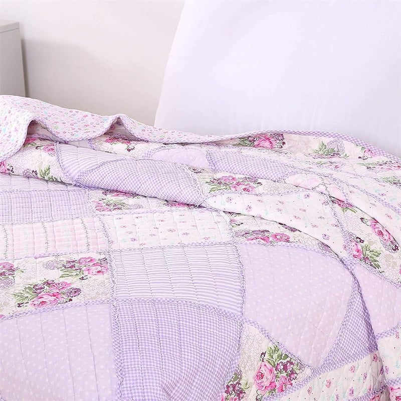 Purple Floral Patchwork Quilt Throw Blanket, 60" x 80" Twin Size, 100% Cotton Reversible Bedspread, Quilted Throw for Bed, Couch, Sofa, Chair - Image 4