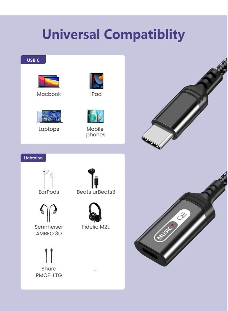USB C to Lightning Audio Adapter, USB Type C Male to Lightning Female Headphone Converter for Apple iPad Air 4 Mini 6 MacBook to Earphones Connector for Call Music Video (Not Support Charging)