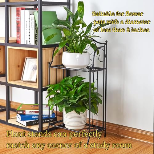 Kundi Foldable 2 Tier Metal Plant Stand Scrollwork Design Indoor and Outdoor Flower Rack Pot Shelf Home Storage Organizer Shelf, Black (Plain Plant Stand) - Image 2