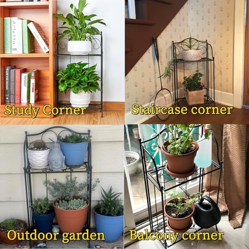 Kundi Foldable 2 Tier Metal Plant Stand Scrollwork Design Indoor and Outdoor Flower Rack Pot Shelf Home Storage Organizer Shelf, Black (Plain Plant Stand) - Image 3