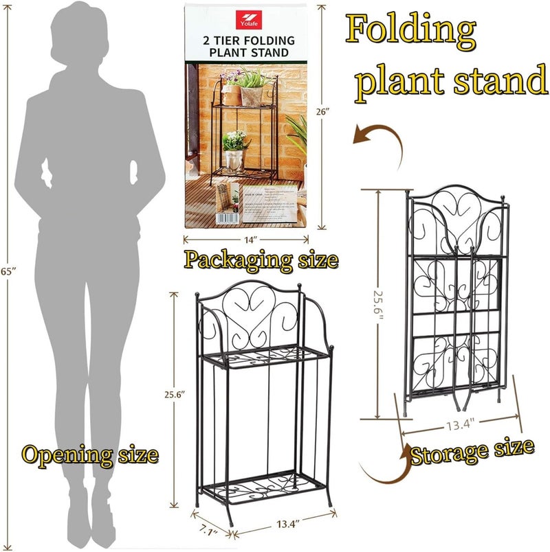 Kundi Foldable 2 Tier Metal Plant Stand Scrollwork Design Indoor and Outdoor Flower Rack Pot Shelf Home Storage Organizer Shelf, Black (Plain Plant Stand) - Image 5
