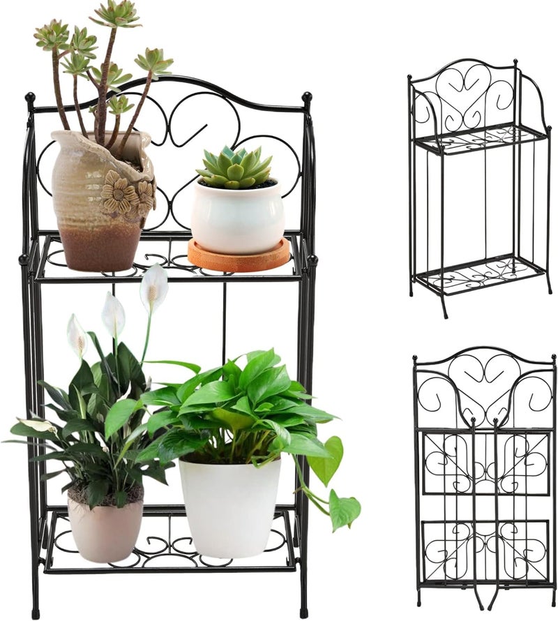 Kundi Foldable 2 Tier Metal Plant Stand Scrollwork Design Indoor and Outdoor Flower Rack Pot Shelf Home Storage Organizer Shelf, Black (Plain Plant Stand) - Image 1