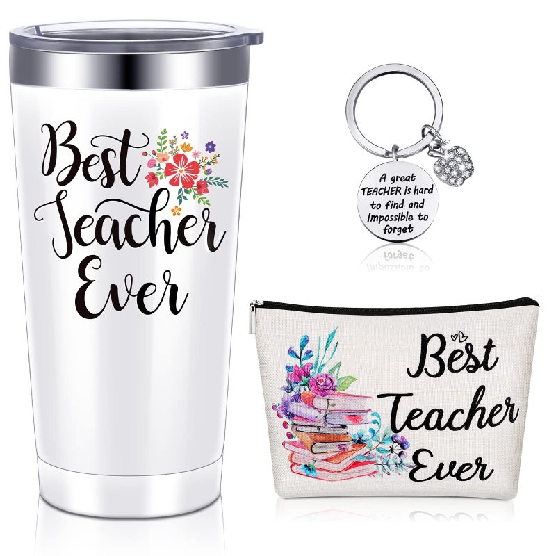 Saintrygo Best Teacher Appreciation Gifts for Women 20 oz Insulated Teacher Tumbler Coffee Mug Keychain Makeup Bag Birthday Graduation Thank You Gifts for Teachers White Best Teacher