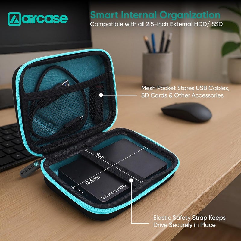 AirCase حافظة قرص صلب خارجي 2.5 بوصة مع غلاف EVA مقاوم للصدمات وبطانة ناعمة | حقيبة تنظيم سفر مع جيب شبكي، إغلاق بسحاب لقرص HDD/SSD، سماعات، كابل، شاحن وأجهزة (أسود) - Image 5