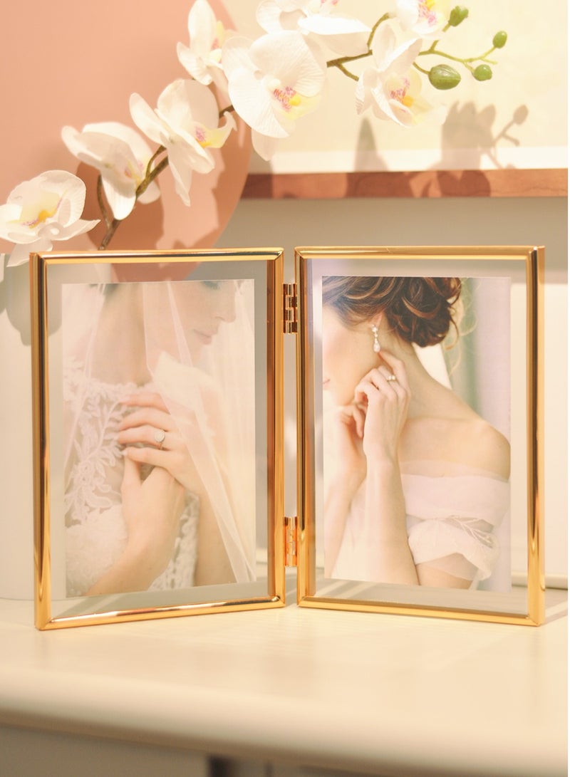 إطار صورة مزدوج 5 × 7 لأحجام الصور 3.5 × 5 بوصة، 4 × 6 بوصة، 5 × 7 بوصة، إطار صورة عائم ذهبي، إطارات صور معدنية قابلة للطي بمفصلات مع زجاج حقيقي، إطار صورة لسطح الطاولة/الرفوف بأحجام متعددة، للديكور المنزلي أو كهدية - Image 1