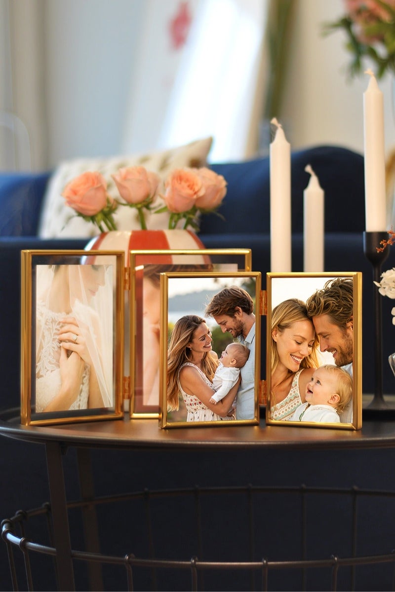 إطار صورة مزدوج 5 × 7 لأحجام الصور 3.5 × 5 بوصة، 4 × 6 بوصة، 5 × 7 بوصة، إطار صورة عائم ذهبي، إطارات صور معدنية قابلة للطي بمفصلات مع زجاج حقيقي، إطار صورة لسطح الطاولة/الرفوف بأحجام متعددة، للديكور المنزلي أو كهدية - Image 2
