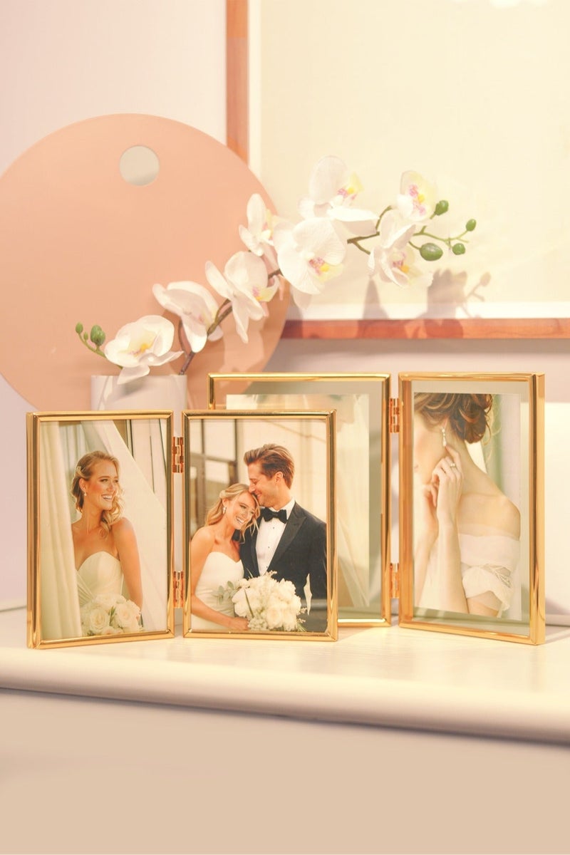 إطار صورة مزدوج 5 × 7 لأحجام الصور 3.5 × 5 بوصة، 4 × 6 بوصة، 5 × 7 بوصة، إطار صورة عائم ذهبي، إطارات صور معدنية قابلة للطي بمفصلات مع زجاج حقيقي، إطار صورة لسطح الطاولة/الرفوف بأحجام متعددة، للديكور المنزلي أو كهدية - Image 4