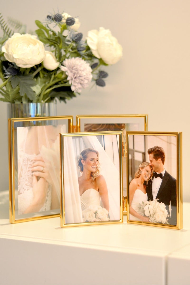 إطار صورة مزدوج 5 × 7 لأحجام الصور 3.5 × 5 بوصة، 4 × 6 بوصة، 5 × 7 بوصة، إطار صورة عائم ذهبي، إطارات صور معدنية قابلة للطي بمفصلات مع زجاج حقيقي، إطار صورة لسطح الطاولة/الرفوف بأحجام متعددة، للديكور المنزلي أو كهدية - Image 3