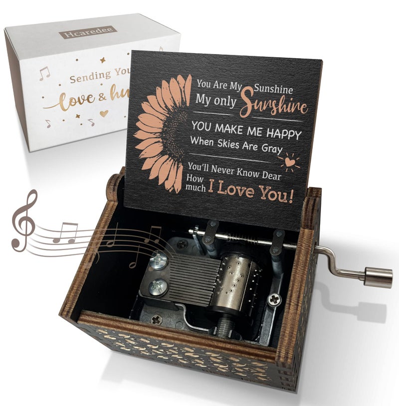 Hcaredee Sunflower Music Box You are My Sunshine Hand Crank Wooden Mechanism Musical Boxes Cute Tiny Vintage Keepsake Box Gifts for Girls Women Mom Boys Kit WifeBlack