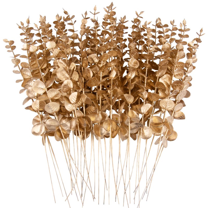 FEQO 36 Pcs Gold Eucalyptus Stems Artificial Leaves Faux Eucalyptus Stems Branches 15 inch for Wedding Bouquet Home Decor - Image 1