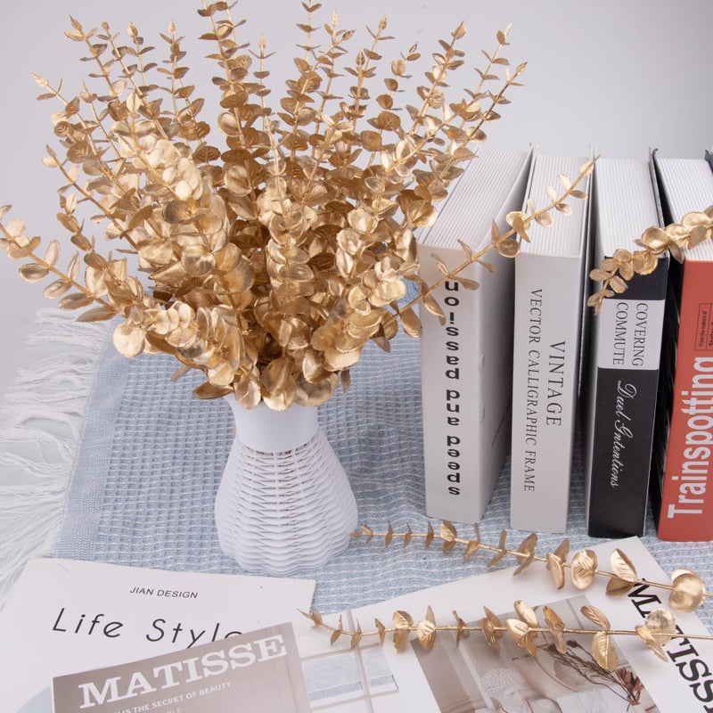 FEQO 36 Pcs Gold Eucalyptus Stems Artificial Leaves Faux Eucalyptus Stems Branches 15 inch for Wedding Bouquet Home Decor - Image 5