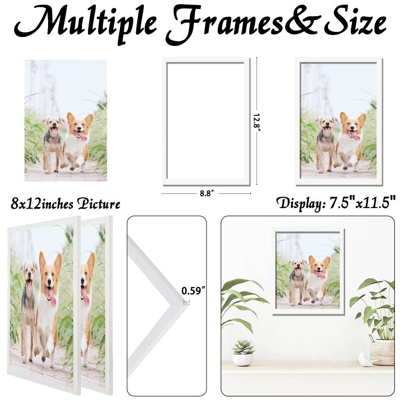 icariery White 8x12 Picture Frame Set of 2  High Transparent Picture Frames for 8 x 12 Photo Canvas Collage Poster Certificate Wall Gallery Horizontal Vertical 8 By 12 - Image 3