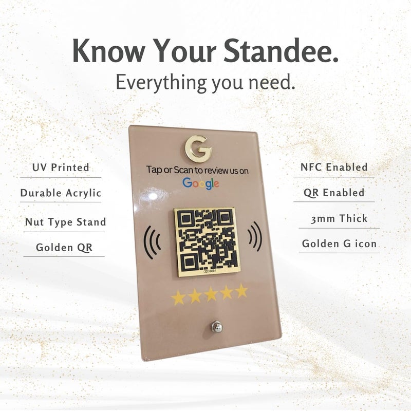 Tinydabba ستاندي NFC و QR للتفاعل أو المسح للأعمال | المتاجر، العيادات، الصالونات، المطاعم | QR ذهبي مع NFC مدمج - ستاندي أكريليك - Image 3