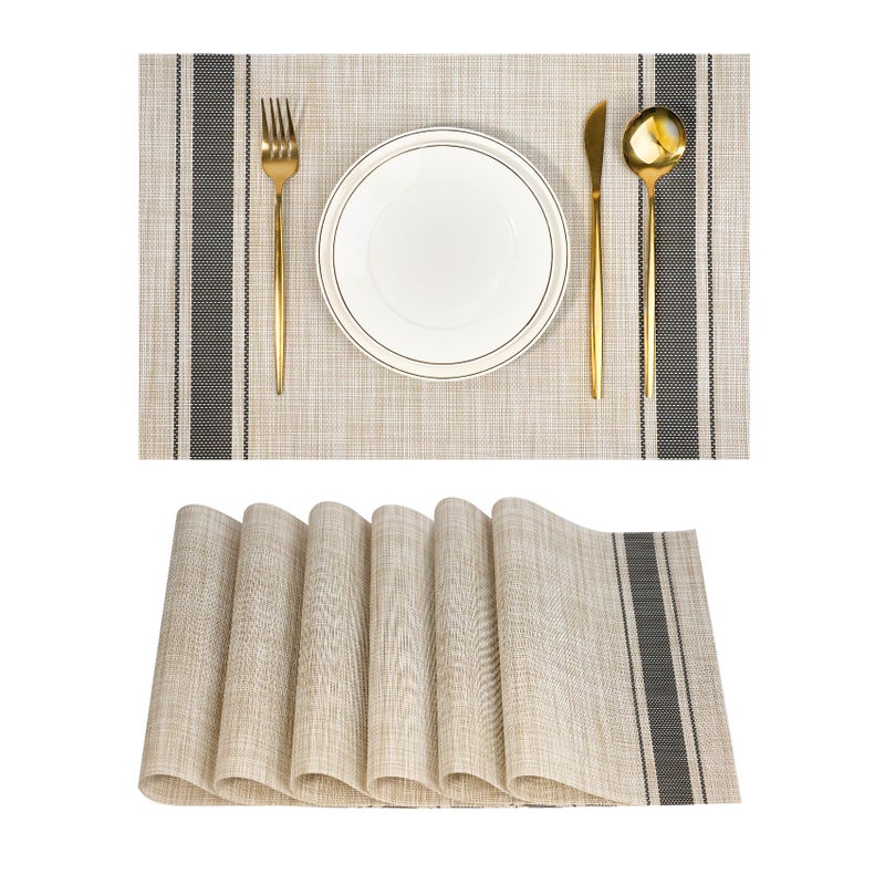 flohar Placemats Set of 6ï¼ŒNon-Slip PVC Weave Table Mats Easy to Cleanï¼ŒHeat Resistant Place Mats for Kitchen Dining Table Decoration Indoor Outdoorï¼ŒKhaki Gray - Image 1