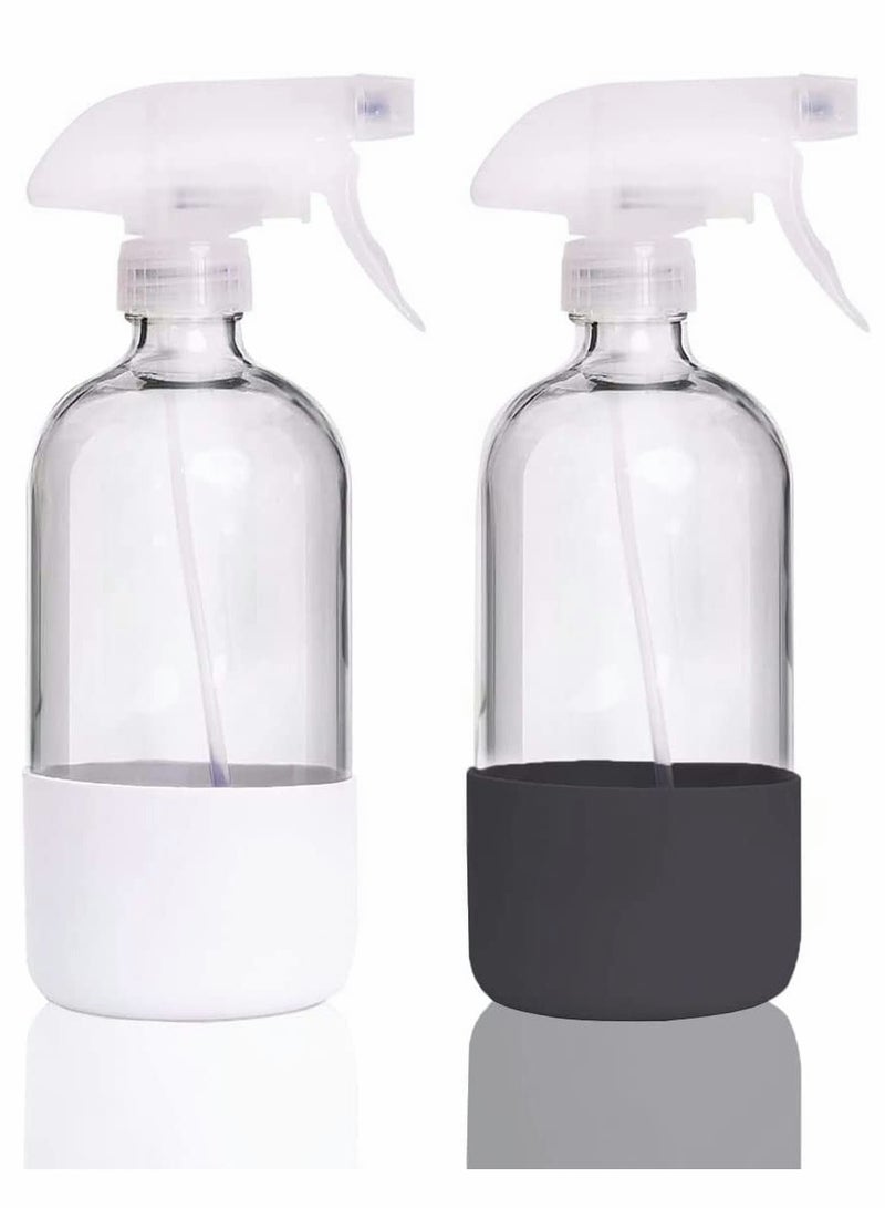 Excefore Empty Clear Glass Spray Bottles with Silicone Sleeve Protection - Refillable 16 oz Containers for Cleaning Solutions, Essential Oils, Misting Plants - Quality Sprayer - 2 Pack - Image 1