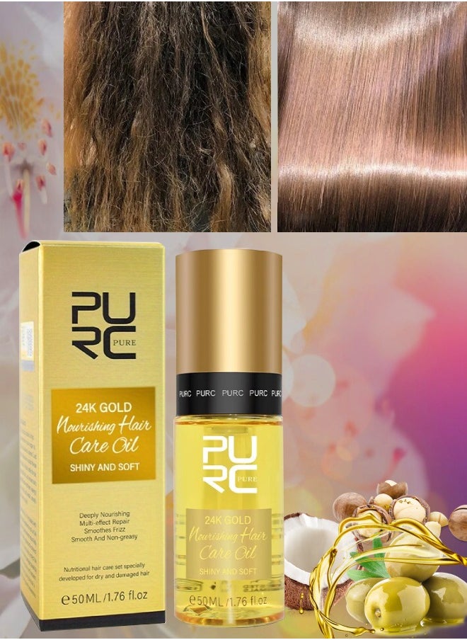 PURC 50ml 24k Gold Nourishing Hair Care Oil Shiny Soft Deeply Nourishing Multi Effect Repair Hair Oil with 24k Gold Argon Oil Coconut Oil Olive Oil Hair Care Oil for Dry and Damaged Hair Serum  - Image 1