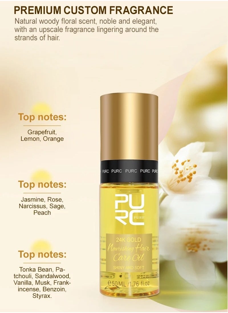 PURC 50ml 24k Gold Nourishing Hair Care Oil Shiny Soft Deeply Nourishing Multi Effect Repair Hair Oil with 24k Gold Argon Oil Coconut Oil Olive Oil Hair Care Oil for Dry and Damaged Hair Serum  - Image 2