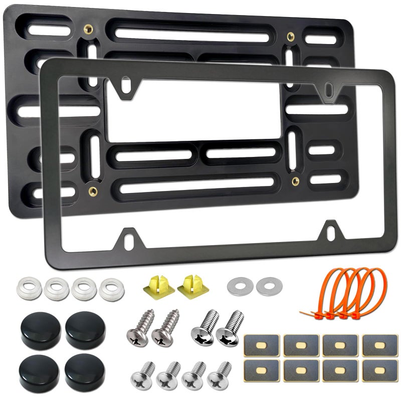 Aootf Front License Plate Mounting Kit- License Plate Bracket & Black Aluminum Car Tag Holder Cover Fit No Drilling Hole Front Bumper, Universal Adapter for US Vehicle Trailer Truck, with Screws Caps - Image 1