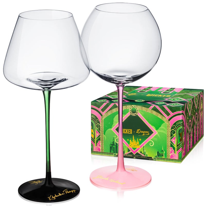 Dragon Glassware x Wicked Wine Glasses 18 oz Crystal Wine Glass Set of 2 Unique Drinkware Gift for Musical Lovers Wicked Movie Gifts