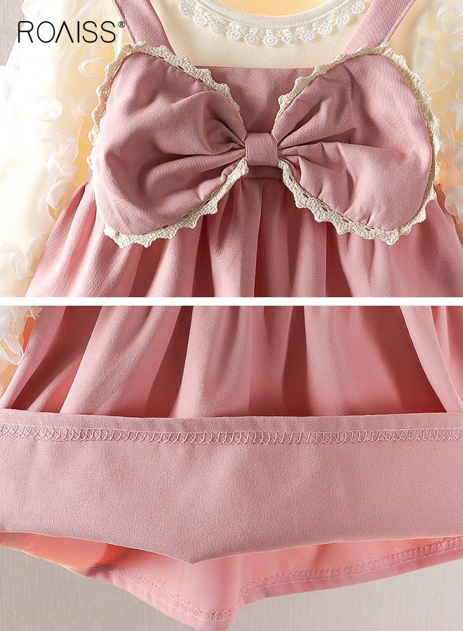 رويس فستان أنيق للفتيات بقصّة A مع عقدة كبيرة، فستان من قطعتين مع رقبة مستديرة وأكمام منفوشة، فستان أميرة أنيق للفتيات، مناسب للارتداء اليومي والأنشطة الخارجية - Image 4