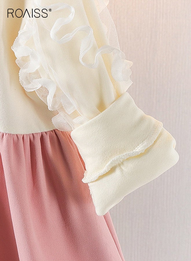 رويس فستان أنيق للفتيات بقصّة A مع عقدة كبيرة، فستان من قطعتين مع رقبة مستديرة وأكمام منفوشة، فستان أميرة أنيق للفتيات، مناسب للارتداء اليومي والأنشطة الخارجية - Image 3