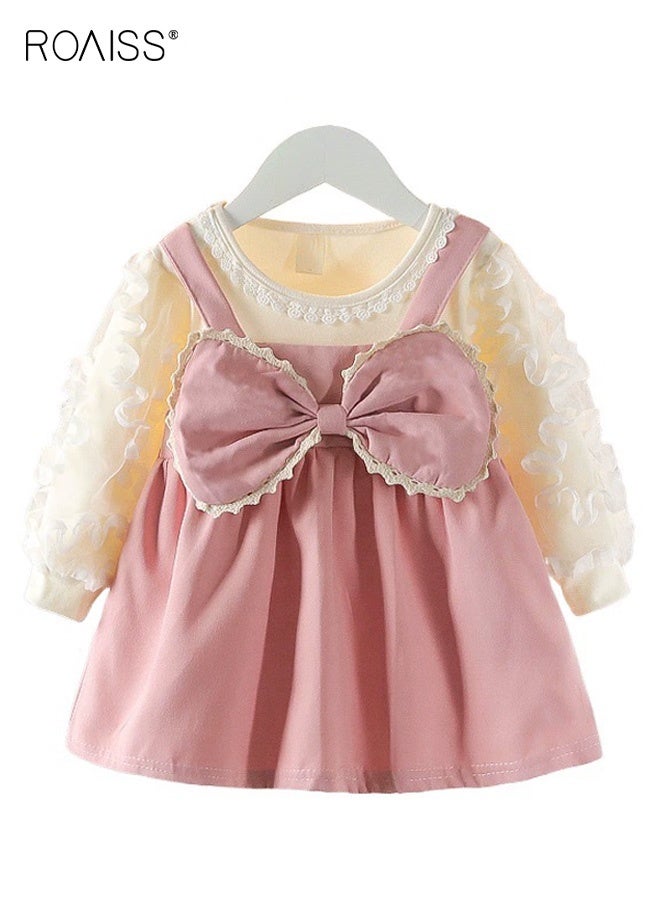 رويس فستان أنيق للفتيات بقصّة A مع عقدة كبيرة، فستان من قطعتين مع رقبة مستديرة وأكمام منفوشة، فستان أميرة أنيق للفتيات، مناسب للارتداء اليومي والأنشطة الخارجية - Image 1