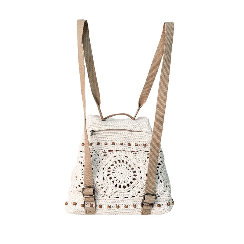 Eiyye Handmade Crochet Backpack for Women Premium Cotton Rope Boho Rucksack with Adjustable Straps Lightweight Woven Shoulder Backpack for Travel Beach & Everyday Casual - Image 3