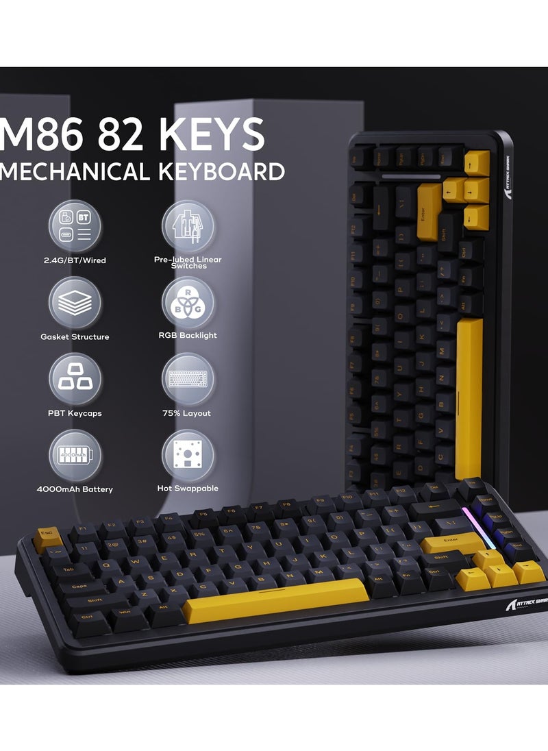 Attack Shark M86 83 Keys Wireless Mechanical Keyboard, 75% Gasket Hot Swappable Custom Keyboard, Side Printed PBT Keycaps, RGB Backlit, Pre-lubed Switches, BT/2.4GHz/ Wired Mechanical Gaming Keyboard  - Image 2