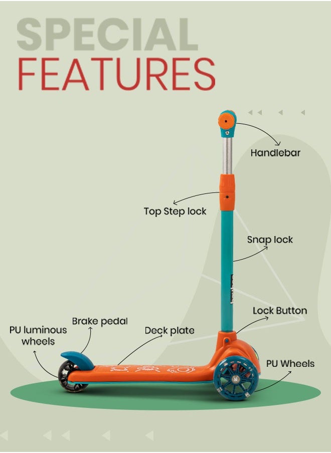 BAYBEE - Baybee Blaze Storm Skate Scooter for Kids 3 Wheel Kids Scooter with 4 Height Adjustable Handle Baby Scooter with LED PU Wheels Smart Kick Scooter for Baby Scooter for Kids 3 to 8 Years Boy Girl Orange - Image 1