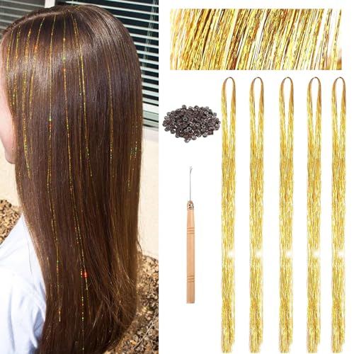 La Bella 47" Holographic Hair Tinsel KIt Shining Gold Professional Sparkle Heat-Resistant Silk Extensions, Easy to Apply, Hair Accessories for Girls, Party Hair, Gifts for Girls (1000 Strands, Shining Gold) - Image 1