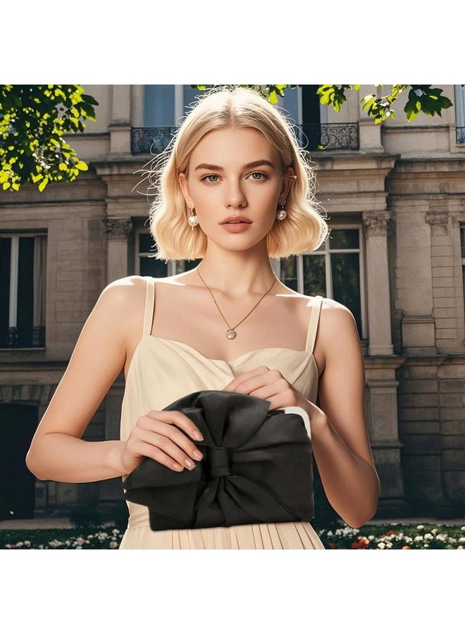 Simcat Womens Clutch Bag,Pleated Satin Handbag Lady Pleated Bow Purse Evening Bag with Chain for Wedding Prom Formal Party, Black B - Image 2
