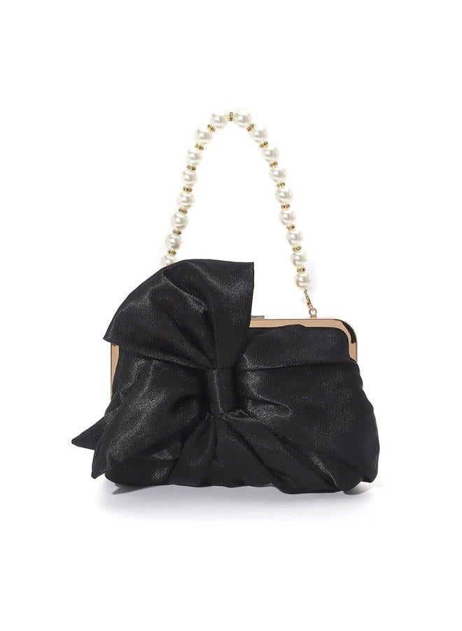 Simcat Womens Clutch Bag,Pleated Satin Handbag Lady Pleated Bow Purse Evening Bag with Chain for Wedding Prom Formal Party, Black B - Image 1