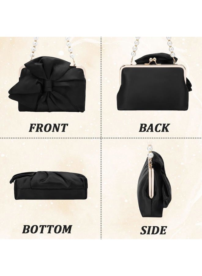 Simcat Womens Clutch Bag,Pleated Satin Handbag Lady Pleated Bow Purse Evening Bag with Chain for Wedding Prom Formal Party, Black B - Image 4