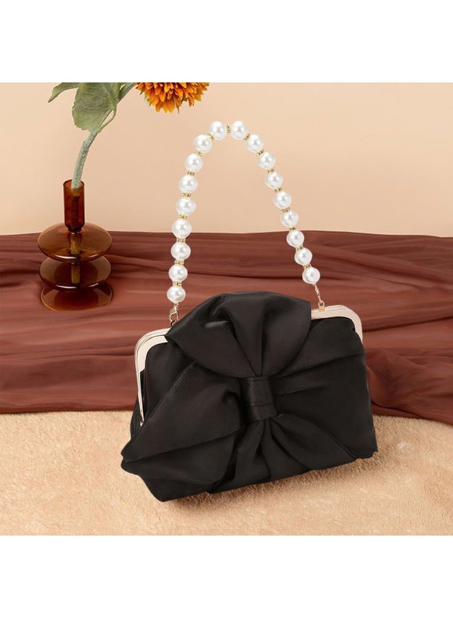 Simcat Womens Clutch Bag,Pleated Satin Handbag Lady Pleated Bow Purse Evening Bag with Chain for Wedding Prom Formal Party, Black B - Image 3