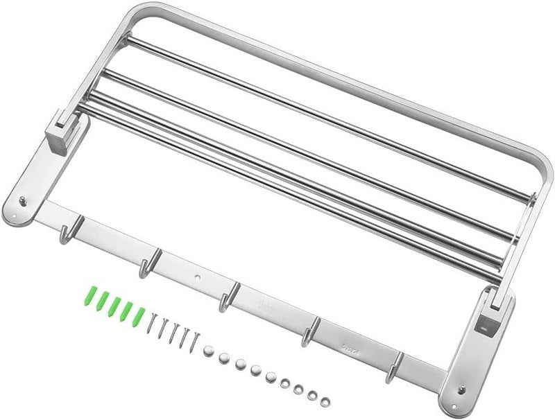 Bath Towel Rack 23.6 Inches Stainless Steel Towel Rack,Foldable Wall Mounted Double Towel Holder,Polished 304 Stainless Steel 5 Hooks Towel Shelf - Image 4