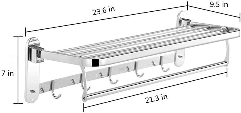 Bath Towel Rack 23.6 Inches Stainless Steel Towel Rack,Foldable Wall Mounted Double Towel Holder,Polished 304 Stainless Steel 5 Hooks Towel Shelf - Image 2