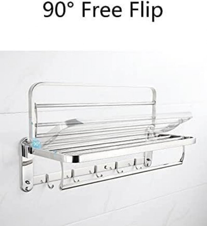 Bath Towel Rack 23.6 Inches Stainless Steel Towel Rack,Foldable Wall Mounted Double Towel Holder,Polished 304 Stainless Steel 5 Hooks Towel Shelf - Image 3
