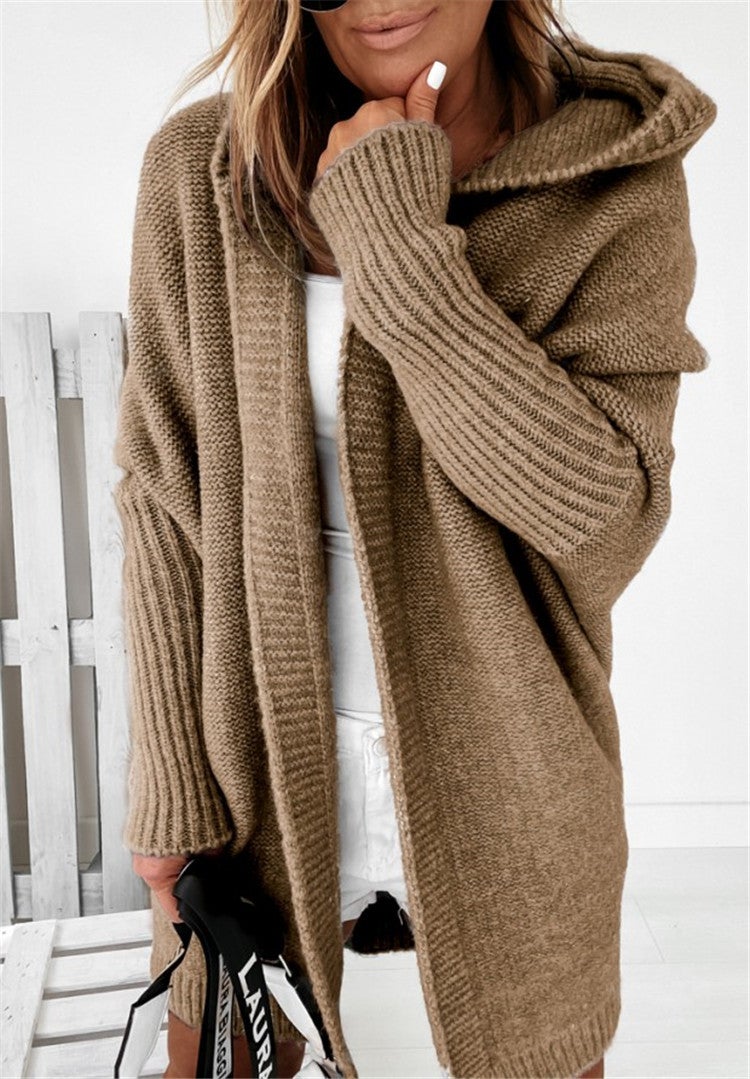 2024 New Knit Hoodie Soft Batwing Loose Sweater Khaki 