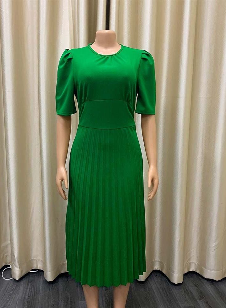 Loquat Short Sleeve Pressed Pleated Solid Color Dress Green  - Image 1
