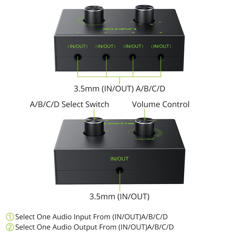 LiNKFOR 4 Port 3.5mm Stereo Audio Switch, 4 Way Stereo Audio Selector, 4 Input 1 Output / 1 Input 4 Output Audio Splitter with Volume Control and 4 Channel Switch Knob - Image 2